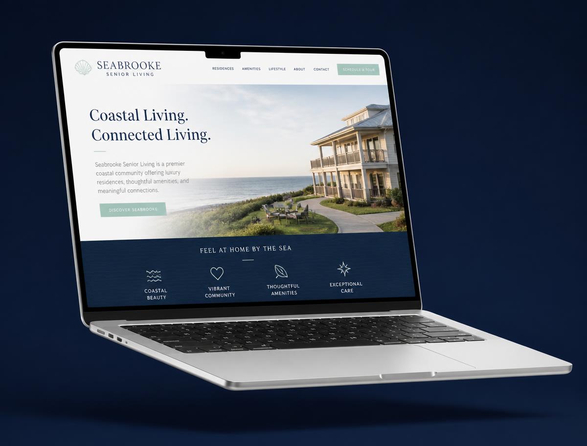 Laptop displaying a senior living community website designed by Seaside